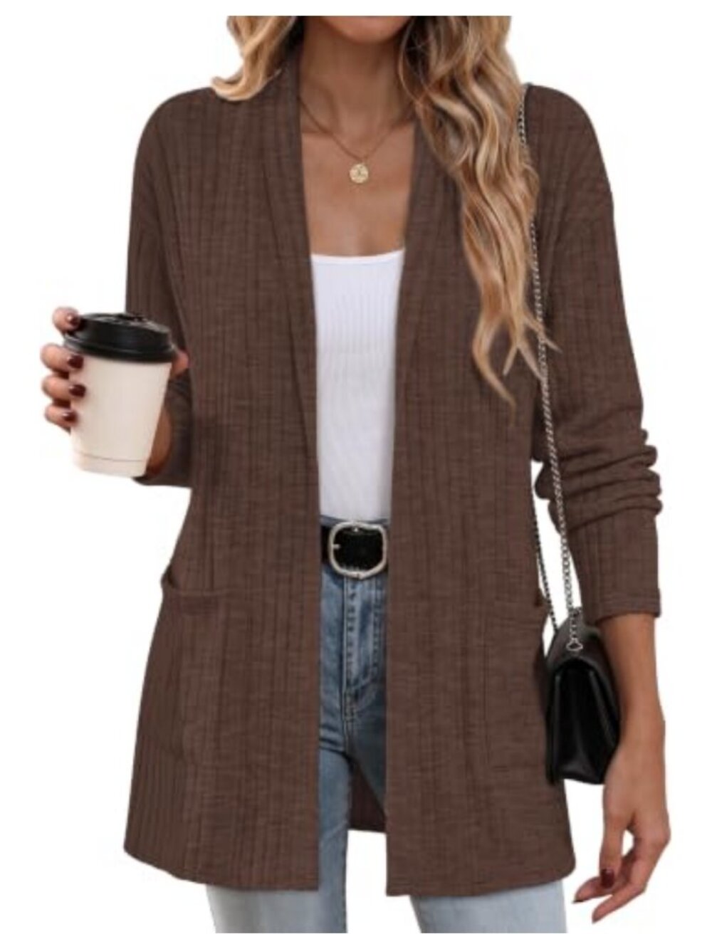 Open Front Knit Cardigan Sweater Long Sleeve Lightweight Hip Length Pockets